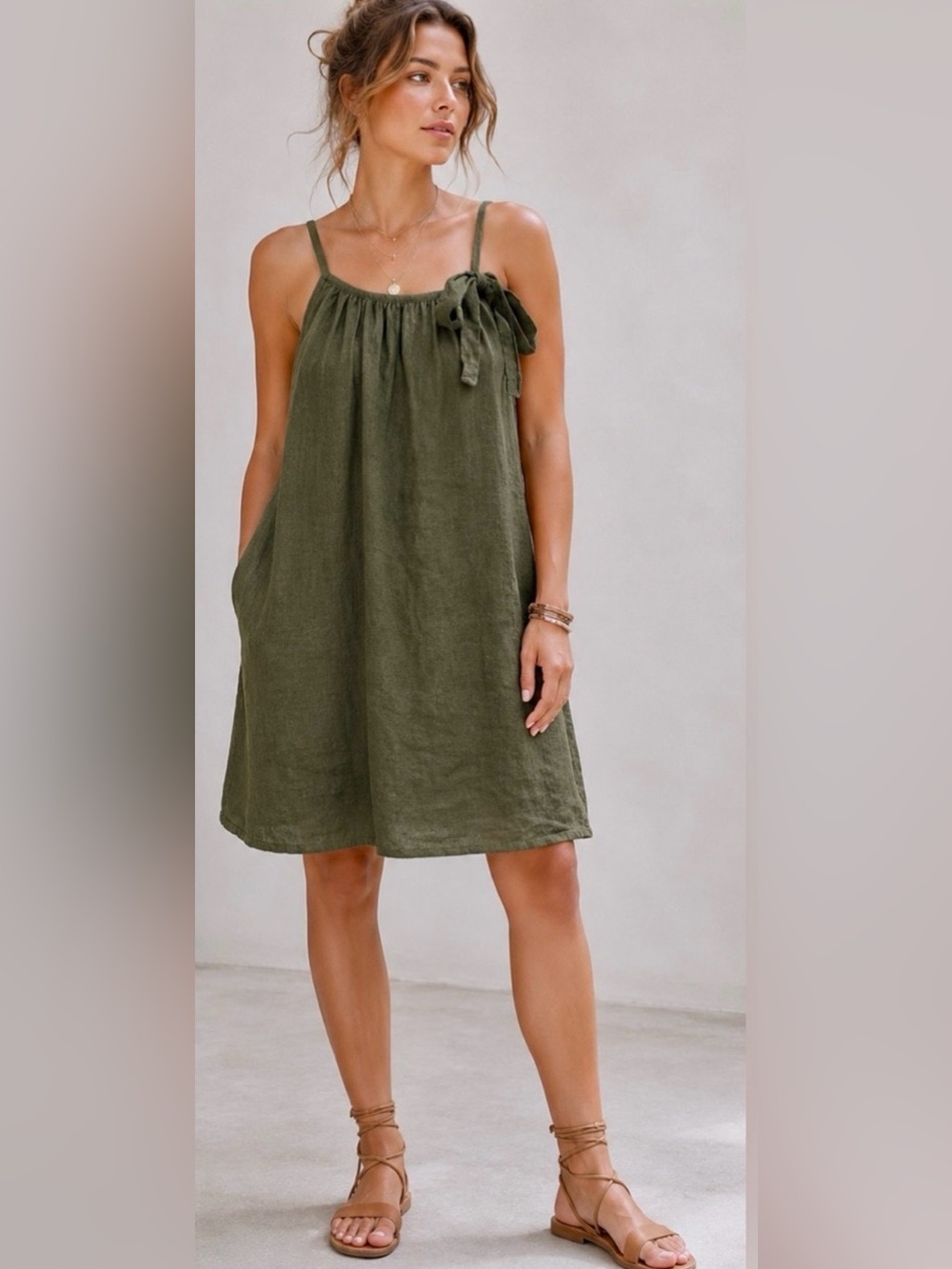 Lungo L’Arno 100% Linen Olive Green Sundress – Italian Made size L Fairy Resort - Picture 6 of 6